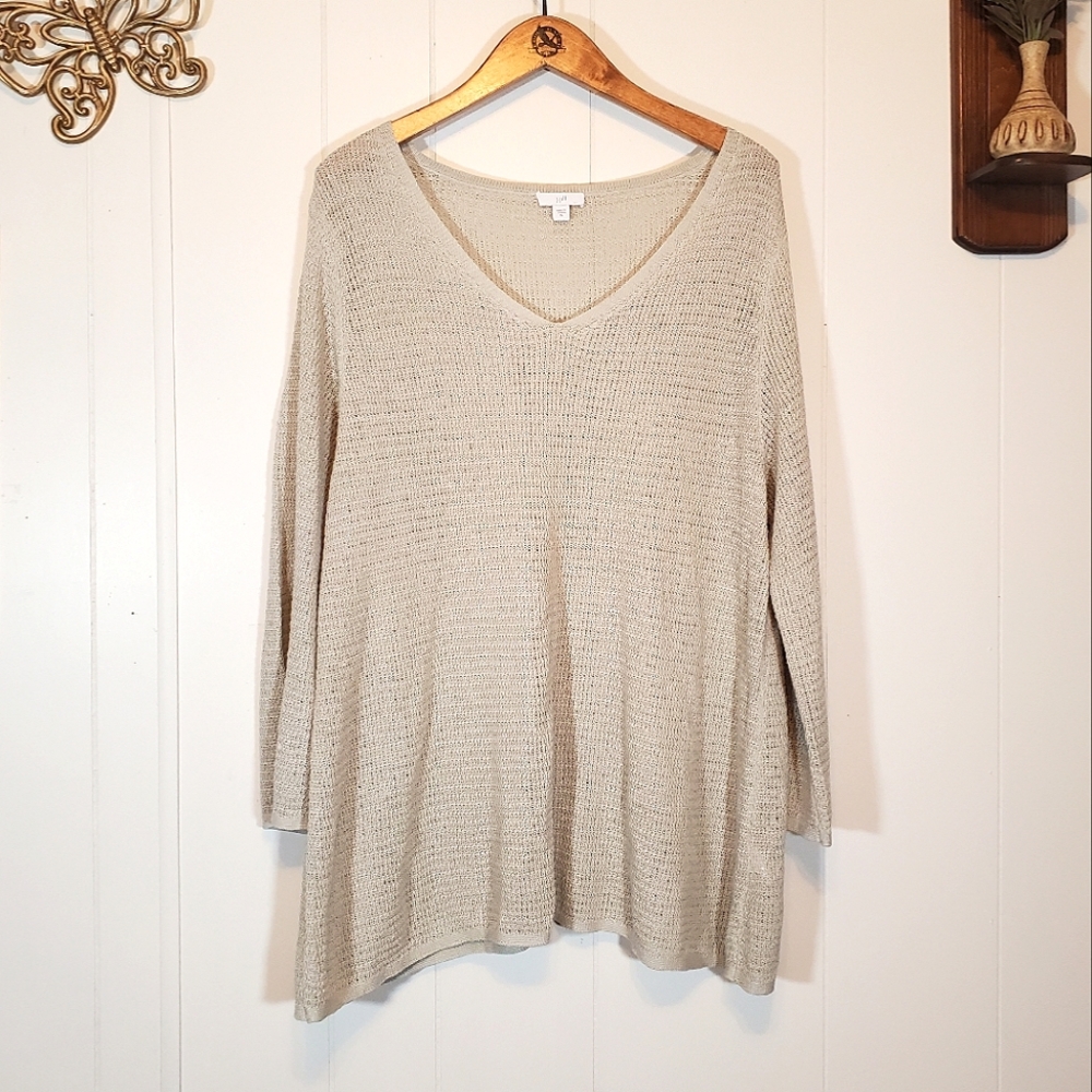 J. Jill Linen Blend Cream Tan Tunic Length Lightweight Knit Sweater Size XL